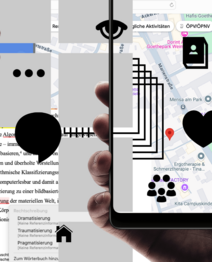 Collage aus zwei Händen, die Smartphones halten, schwarzen Icons, einem Ausschnitt aus einem Word-Dokument und einem Screenshot von Google Maps