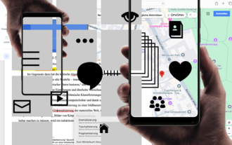 Collage aus zwei Händen, die Smartphones halten, schwarzen Icons, einem Ausschnitt aus einem Word-Dokument und einem Screenshot von Google Maps