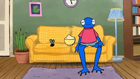 Gezeichneter blauer Frosch schaut durch eine Mikrowellentür auf ein aufgeklapptes Buch im Inneren.