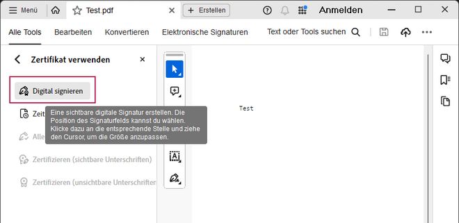 Screenshot mit Hervorhebung des Schrittes: Klicken Sie in der Leiste oben auf Digital unterschreiben: