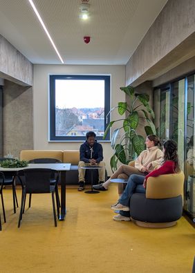 Das modernisierte Gebäude punktet mit hellen, offenen Büro- und Besprechungsräumen, welche bereits von den Mitarbeiter*innen der Fakultät Bau- und Umweltingenieurwissenschaften genutzt werden. Bauhaus-Universität Weimar, Foto: Dana Höftmann