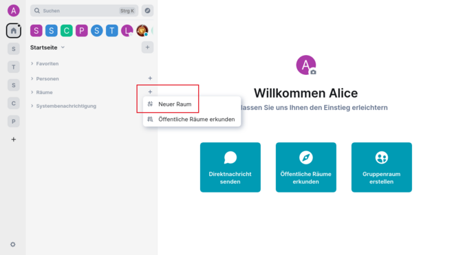 Screenshot of the chat homepage. Next to the "Rooms" menu item there is a small plus with the "Add Room" option.