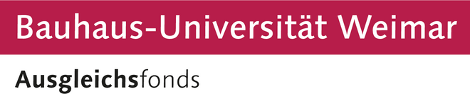 Das Schriftlogo besteht aus zwei Zeilen. Oben stehen die Worte: »Bauhaus-Universität Weimar« (in weißer Schrift auf himbeerrotem Hintergrund); unten steht: »Ausgleichsfonds« (schwarze Schrift auf weißem Untergrund).