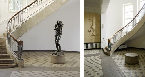 The bronze statue »Eva« by Auguste Rodin is part of the foyer of the Bauhaus-Universität Weimar’s main building. In early February an unknown assailant knocked the sculpture from its pedestal, leaving a gaping hole in the stairwell. (Images: Tobias Adam and Thomas Müller)