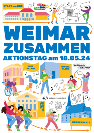 Grafik zur Veranstaltung Weimar zusammen, Aktionstag am 18.5.2024, ein buntes Plakat mit Illustrationen der Orte in Weimar und Menschen
