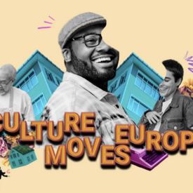 Collage, 3 verschiedene Menschen, Häuser, Blumen und eine Schreibmaschine, Schriftzug "Culture Moves Europe"