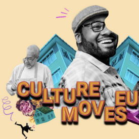 Collage, 3 different people, houses, flowers and a typewriter, written text "Culture Moves Europe".