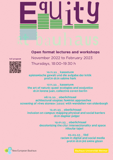 The programme poster shows the titles of the different lectures, the event locations, as well as the names of the lecturers. You can also find this information on the website of the working group »Equity at Bauhaus«, which has been linked in the text.