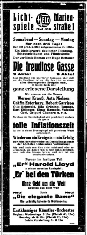 Zeitungsannonce »Die freudlose Gasse« aus der Allgemeinen Thüringischen Landeszeitung Deutschland vom 31.10.1925. Quelle: Stadtarchiv Weimar