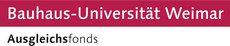 Das Schriftlogo besteht aus zwei Zeilen. Oben stehen die Worte: »Bauhaus-Universität Weimar« (in weißer Schrift auf himbeerrotem Hintergrund); unten steht: »Ausgleichsfonds« (schwarze Schrift auf weißem Untergrund).
