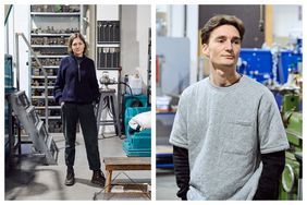 Fotocollage: links Paula Mühlena und rechts Justus HIlfenhaus in der Werkstatt der Mono-Manufaktur