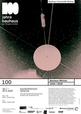 »Radiophonic Spaces« macht vom 26. Juli bis 19. September 2019 Station an der Bauhaus-Universität Weimar. Plakat zu »Radiophonic Spaces« an der Bauhaus-Universität Weimar.