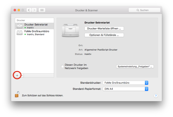 Open the menu via "System settings" -> "Printers & scanners" -> "+".