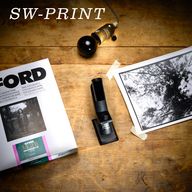 Photo paper, focus scope, darkroom light and a black and white print