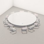 Das Bild zeigt einen runden Tisch umringt von Stühlen.