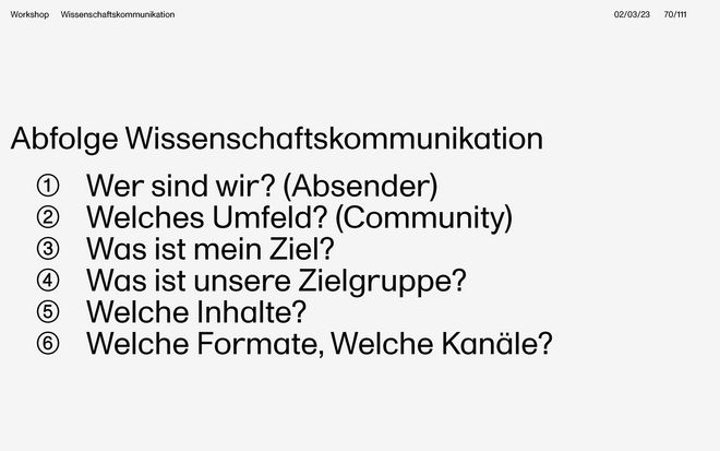 Auszug aus Folien der Präsentation Wissenschaftskommunikation & Erscheinungsbild [Workshop] von Enno Pötschke.