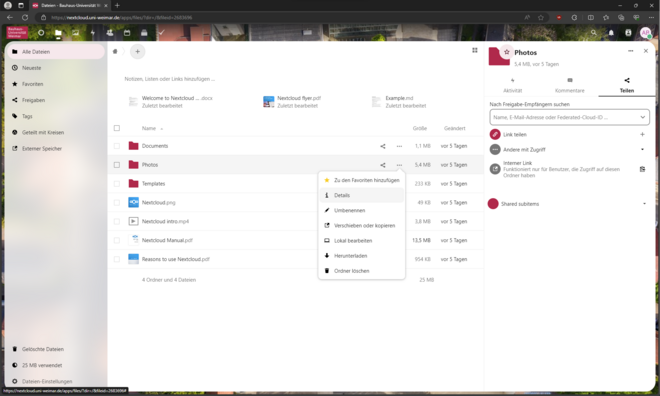 Screenshot of the Bauhaus.Cloud in the all files menu item. Multiple folder and individual files can be seen. The photos folder is selected, details dialogue window shows various options for sharing.
