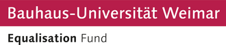 The type-logo consists of two lines of text. The upper line reads: »Bauhaus-Universität Weimar« (in white letters on a raspberry-red background); the lower line reads: »Equalisation Fund« (in black letters on a white background).