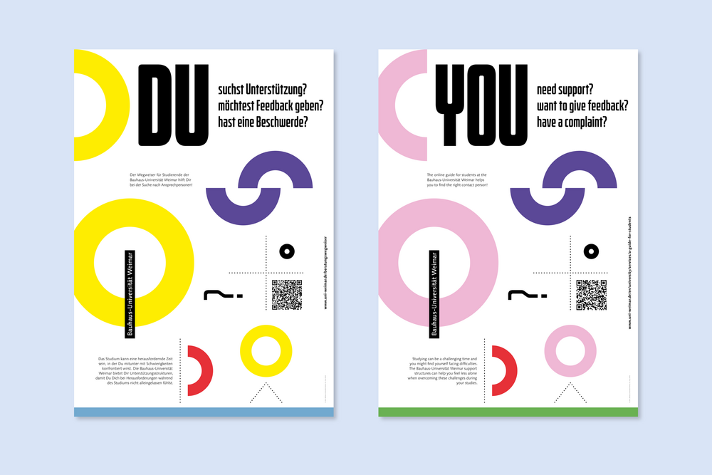 Plakatmotiv zur Beschwerdestelle für Studierende der Bauhaus-Universität Weimar mit grafischen Formen und dem Hinweis auf Unterstützung, Feedback und Beschwerden in deutscher und englischer Sprache. Design: Cissy Hecht.