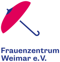 Das Logo zeigt die Worte »Frauenzentrum Weimar e.V.« in dunkelblauer Schrift auf weißem Hintergrund. Darüber ist die Grafik eines pinken Regenschirms mit dunkelblauem Stock zu sehen, der aufgespannt auf der Seite liegt.