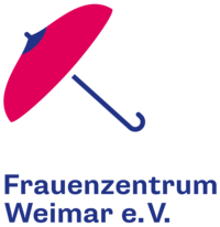 Das Logo zeigt die Worte »Frauenzentrum Weimar e.V.« in dunkelblauer Schrift auf weißem Hintergrund. Darüber ist die Grafik eines pinken Regenschirms mit dunkelblauem Stock zu sehen, der aufgespannt auf der Seite liegt.