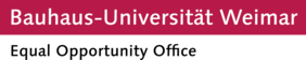 The type-logo shows the words »Bauhaus-Universität Weimar« in white letters on a dark-red background, and underneath the words »Equal Opportunity Office« in black letters on a white background.