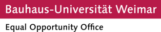 The type-logo shows the words »Bauhaus-Universität Weimar« in white letters on a dark-red background, and underneath the words »Equal Opportunity Office« in black letters on a white background.