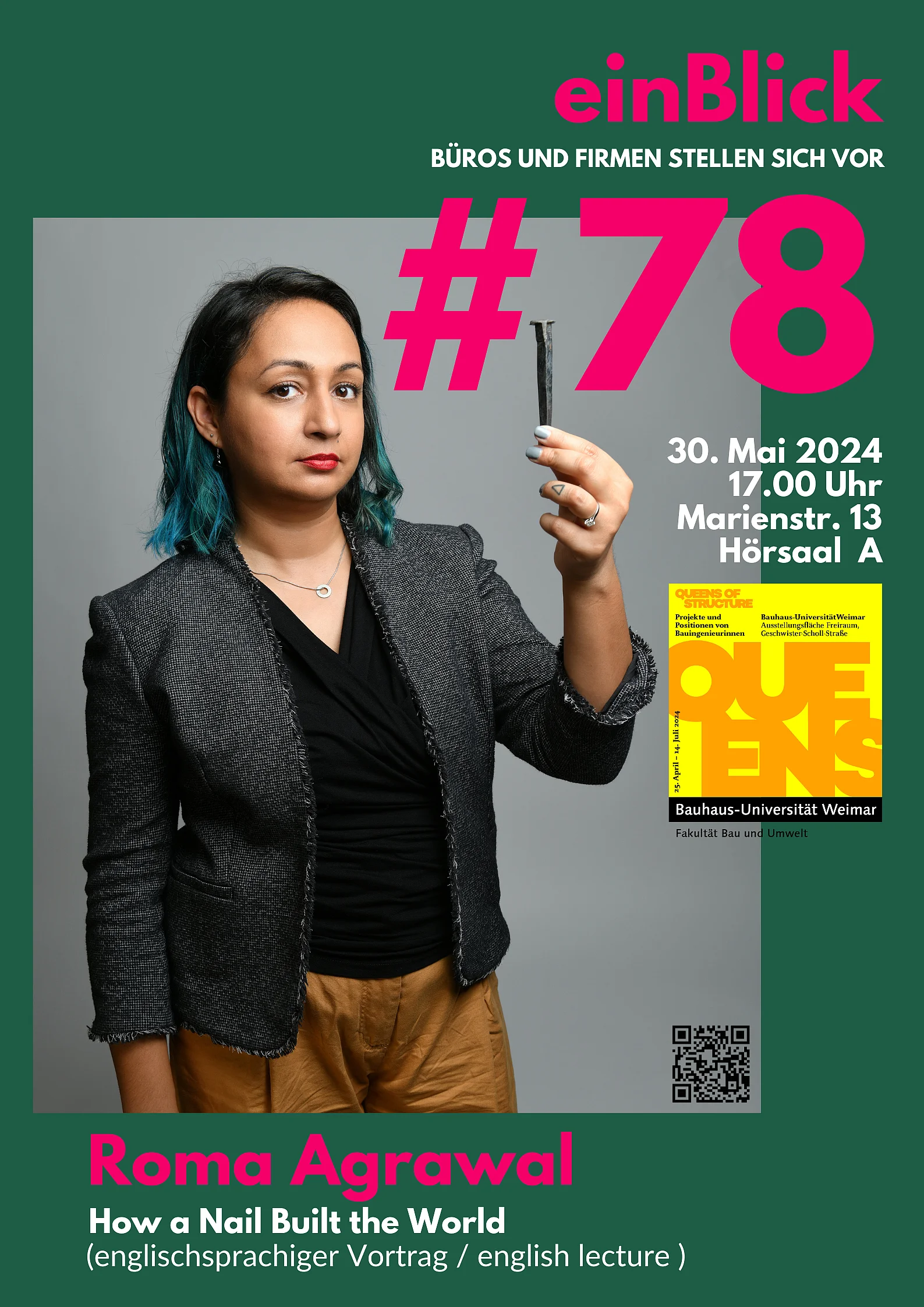 Veranstaltungsplakat zum Vortrag »How a nail built the world« von Roma Agrawal. Foto: Steve Ullathorne