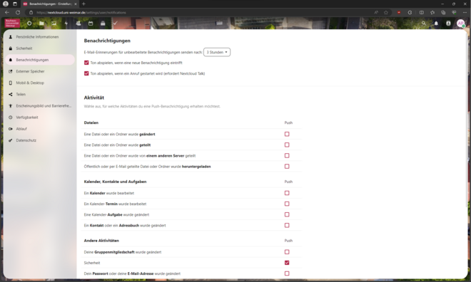 Screenshot of the Bauhaus.Cloud in the »Benachrichtigungen« menu item with various sound and notification options that can be selected or deselected 