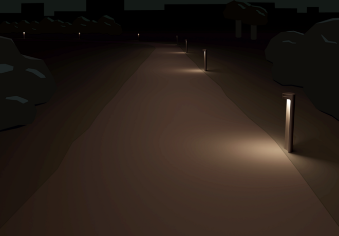 In einer Ansicht von Vorn sieht man eine Straße mit Luminima Wegbeleuchtung