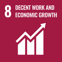 Grafik SDG Ziel 8 - "Decent Work and Economic Growth" (Menschenwürdige Arbeit und Wirtschaftswachstum), Dunkelrot unterlegt mit Piktogramm einer Wachstumskurve.