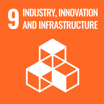 Grafik SDG Ziel 9 - "Industry, Innovation and Infrastructure" (Industrie, Innovation und Infrastruktur), orange unterlegt mit Piktogramm dreier Würfel mit je zwei verbundenen Kanten.