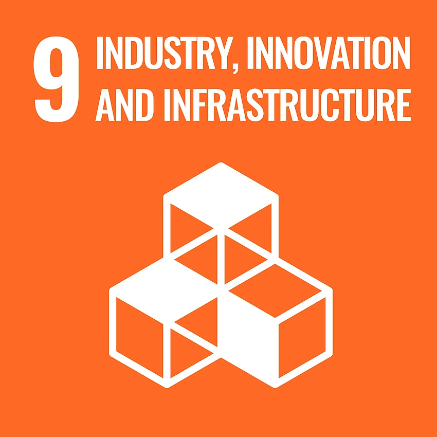 Grafik SDG Ziel 9 - "Industry, Innovation and Infrastructure" (Industrie, Innovation und Infrastruktur), orange unterlegt mit Piktogramm dreier Würfel mit je zwei verbundenen Kanten.