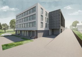 Auf rund 4.300 Quadratmetern Nutzfläche entsteht im Ortsteil Tröbsdorf das »Innovationszentrum-Bau«. Visualisierung: IAB – Institut für Angewandte Bauforschung Weimar gGmbH