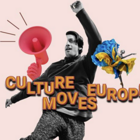 Collage, depiction of a man with a megaphone and a ballet dancer. Written text: "Culture Moves Europe"