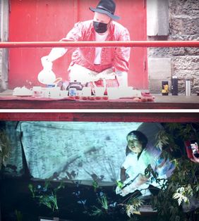 Performance »Post-Colonial Tea-House« von Barry Lazar, Margarita Garcia und Mark Andrew Hamilton, die in Montréal und Weimar stattfand; Videostills: Doug Moffat, Chanelle-Lize Marshall (4th Space, Concordia University Montréal)