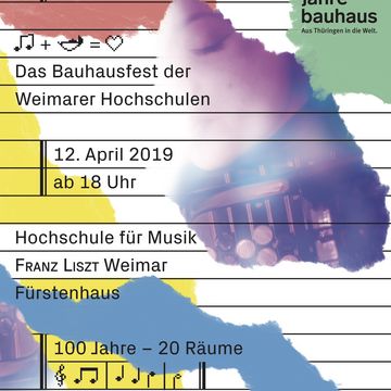 Veranstaltungsplakat, Quelle: Büro Bauhaus. Gestaltung: Masihne Rasuli, Anne Schindler, Leoš Olpp, Luise Wolter. Das »Büro Bauhaus«, ein Team aus Studierenden der Visuellen Kommunikation an der Bauhaus-Universität Weimar, entwickelte das visuelle Konzept für das Bauhausfest als Teil ihres Studiums. Betreut wurden sie von dem künstlerischen Mitarbeiter Adrian Palko.