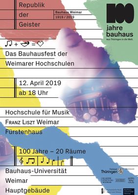 Veranstaltungsplakat, Quelle: Büro Bauhaus. Gestaltung: Masihne Rasuli, Anne Schindler, Leoš Olpp, Luise Wolter. Das »Büro Bauhaus«, ein Team aus Studierenden der Visuellen Kommunikation an der Bauhaus-Universität Weimar, entwickelte das visuelle Konzept für das Bauhausfest als Teil ihres Studiums. Betreut wurden sie von dem künstlerischen Mitarbeiter Adrian Palko.