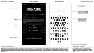 Diagrammatic representation of an installation with two screens: the left side shows the tool interface, while the right side shows the live interaction with variable type. Accompanying labels explain how voice is recorded, analysed and translated into letterforms.