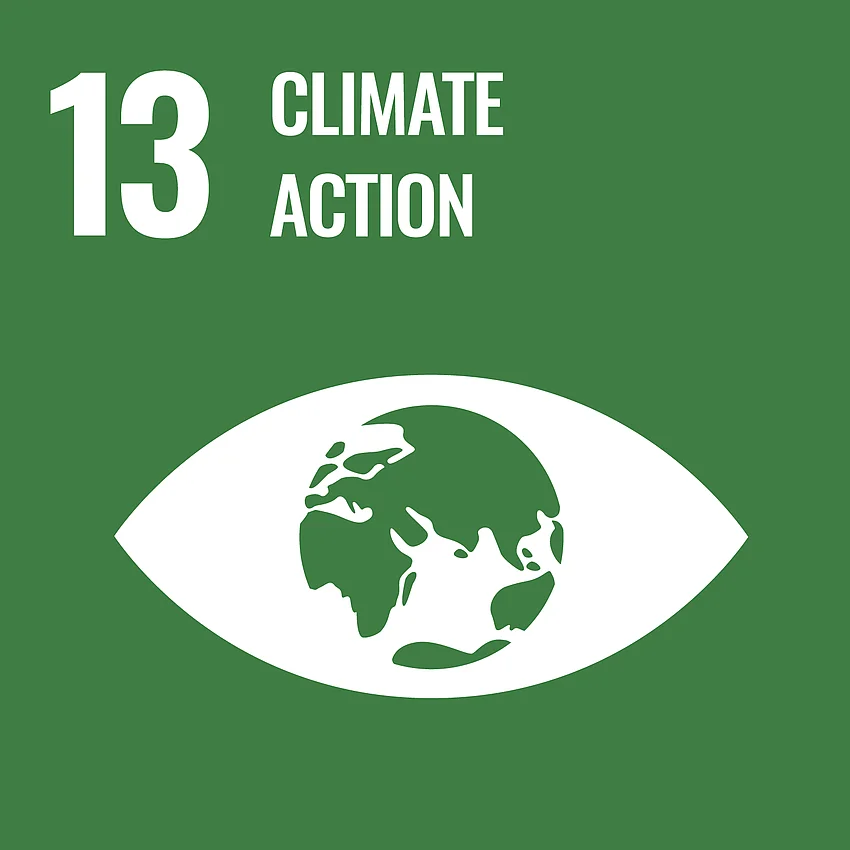 Grafik SDG Ziel 13 - "Climate Action" (Klimamaßnahmen), grün unterlegt mit Piktogramm des Erdballs als Pupille eines Auges.