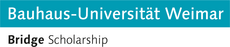 The type-logo consists of two lines of text. The upper line reads: »Bauhaus-Universität Weimar« (in white letters on a turquoise-colored background); the lower line reads: »Bridge Scholarship« (in black letters on a white background).