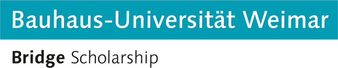 The type-logo consists of two lines of text. The upper line reads: »Bauhaus-Universität Weimar« (in white letters on a turquoise-colored background); the lower line reads: »Bridge Scholarship« (in black letters on a white background).