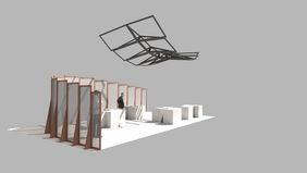 Visualisierung des geplanten Messestandes für die Leipziger Buchmesse 2026: Aneinandergereihte Holzrahmen bilden eine gekrümmte Raumstruktur mit bogenförmiger Wand und schwebend wirkendem Dach. Design: Professur Konstruktives Entwerfen und Tragwerkslehre