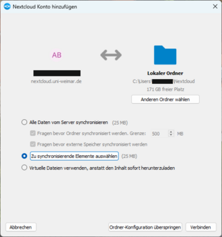 Screenshot of »Nextcloud Konto hinzufügen« dialogue window with three options for synchronising data. »Zu synchronisierende Elemente auswählen« is selected. The »Verbinden« button below is highlighted.