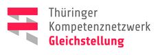 Das Logo zeigt die Worte »Thüringer Kompetenznetzwerk Gleichstellung«. Die ersten beiden Worte sind grau geschrieben, das letzte Wort rot. Links daneben sind übereinander gelegte graue, weiße und rote Balken zu sehen.