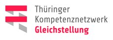 The logo shows the words »Thüringer Kompetenznetzwerk Gleichstellung«. The first two words are written in grey, the last word in red. To the left of these words, there are grey, white and red bars, which overlap in parts.