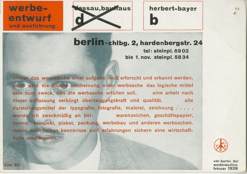 vdr-Postkarte, Werbeentwurf von Herbert Bayer. 1928. N/54/82.11; Bestand Hannes Meyer; © Archiv der Moderne