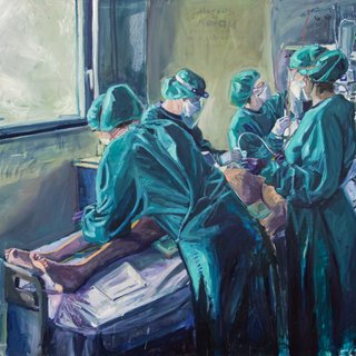 Oil painting of four people in protective clothing bending over a patient