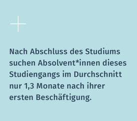 Fakt: Nach Abschluss des Studiums suchen Absolvent*ibbeb dieses Studiengangs im Durchschnitt nur 1,3 Monate nach ihrer ersten Beschäftigung.