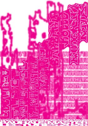 Graphic poster in bright pink with layered, distorted lettering and abstract human-like shapes against a blurred typographic background.